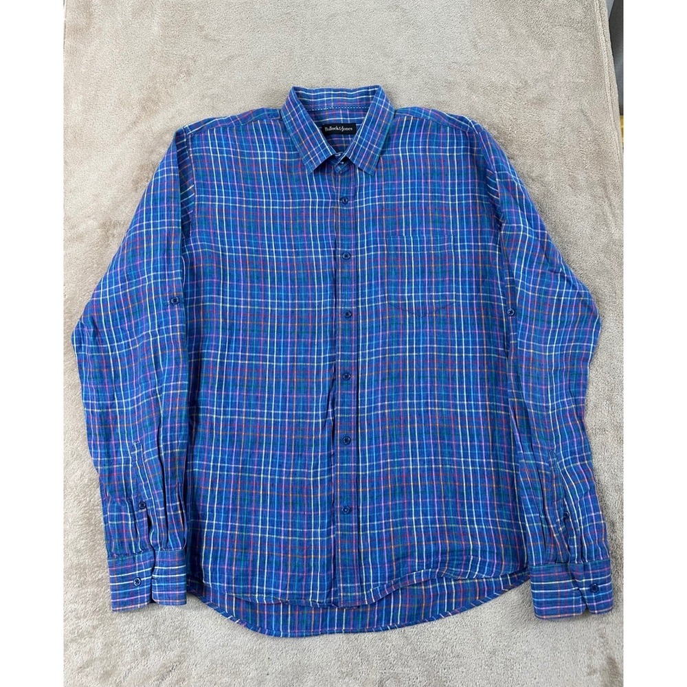Bullock & Jones Linen Shirt Men's‎ Size XL Blue Plaid Button Up Long Sleeve EUC